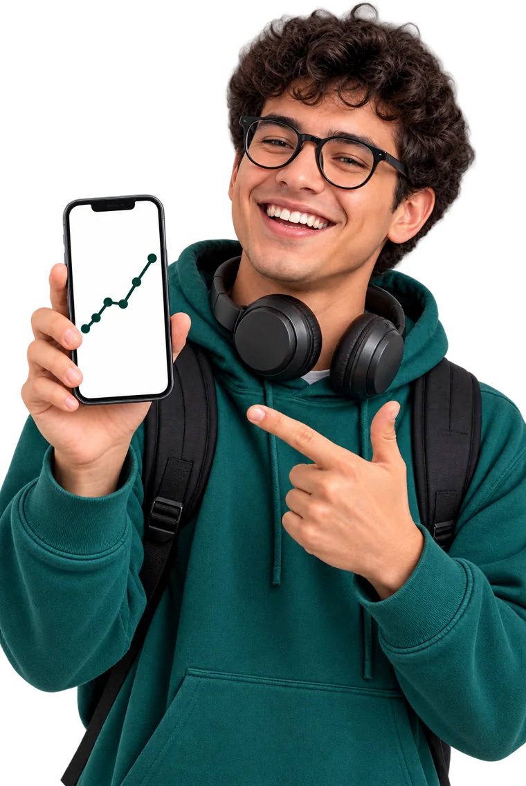 Joven inversionista muestra en su celular una gráfica que sube